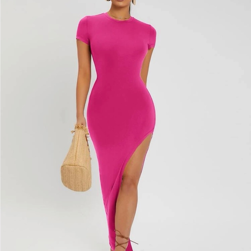 Solid Split Thigh Bodycon Hot Pink Dress